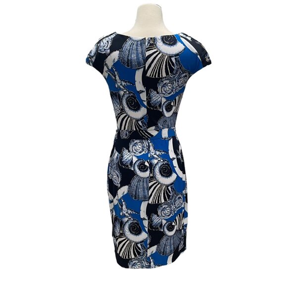 Cache Blue/Black Seashell Dress M Cap Sleeve Belted Elegant Stylish Summer Chic - Picture 11 of 12